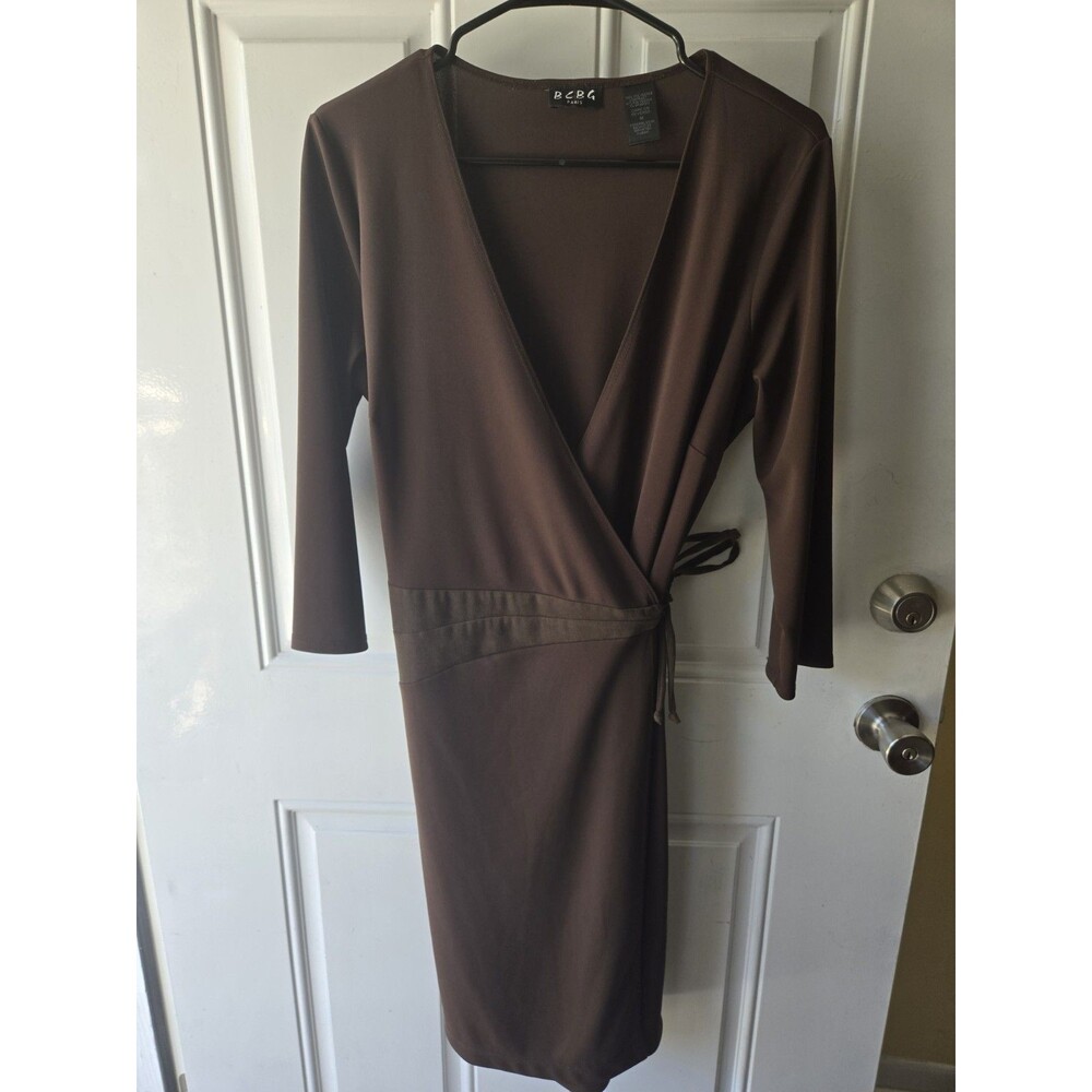 Women's B.C.B.G. Paris Dress Midi Brown  Wrap L/S V Neckline Poly Stretch Size M
